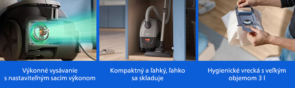 Vreckový vysávač Philips XD2142/12 2000 Series s výkonným 800W motorom, HEPA filtrom a kompaktným dizajnom.