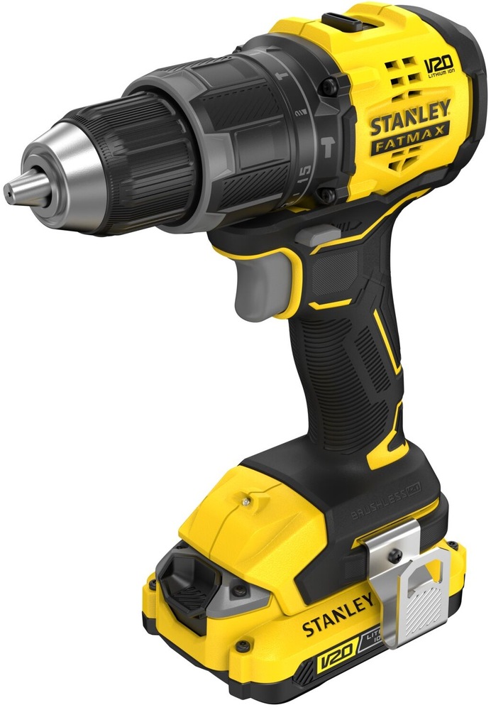 Bočný pohľad na aku vŕtačku Stanley FatMax s batériou 2Ah.