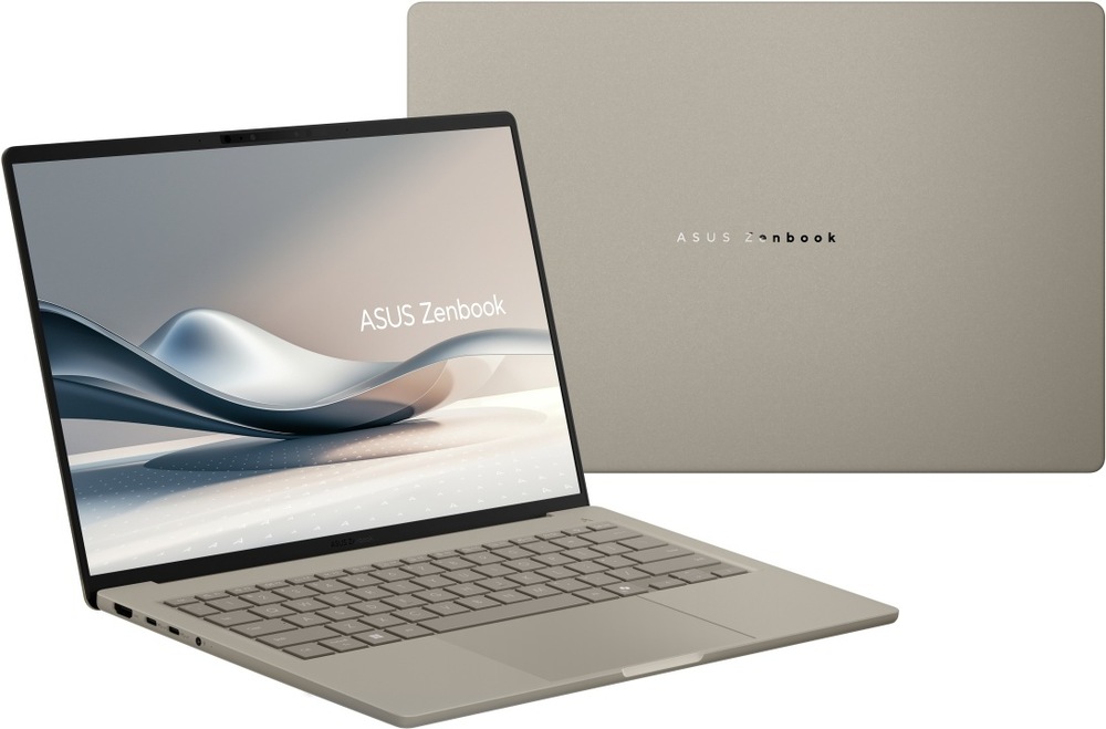 Notebook ASUS Zenbook A14 s otvoreným displejom pri pohľade spredu + zadná strana laptopu