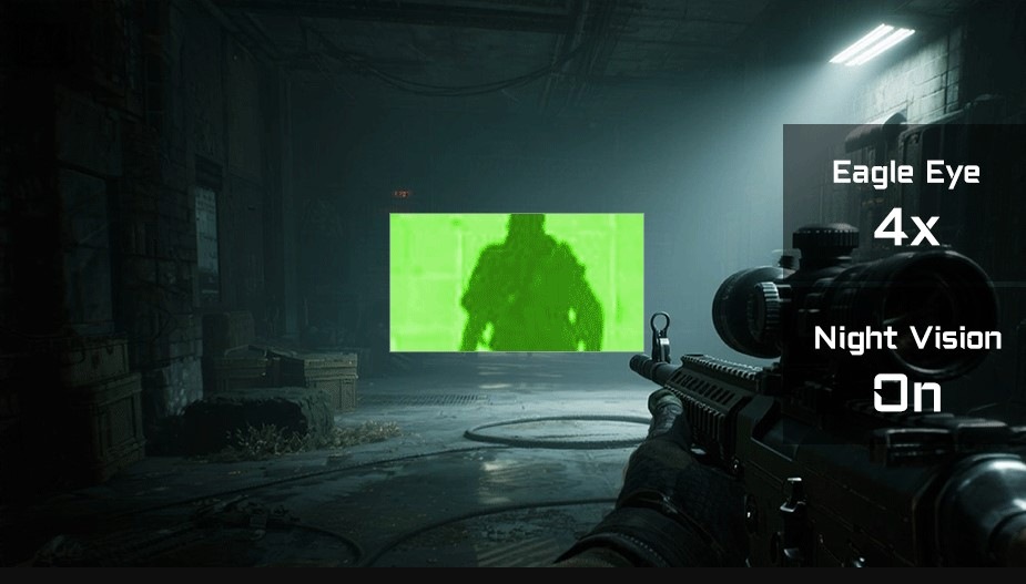 Herný monitor GIGABYTE M27UP čierny Zvýraznený nepriateľ v tme pomocou Night Vision a hráč so zbraňou