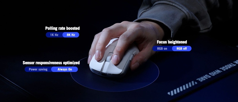 Myš Asus ROG Harpe II Ace červená Držanie bielej myši pri hraní na podložke
