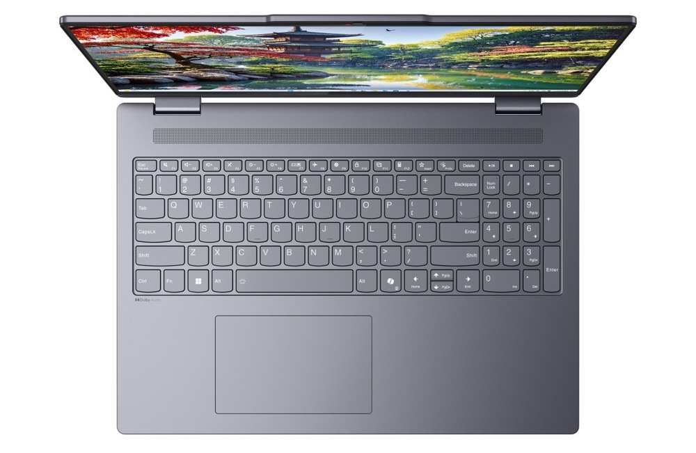 Notebook Lenovo IdeaPad 5 2 in 1 16IAL10 sivý Pohľad zhora na klávesnici notebooku Lenovo IdeaPad 5 2 in 1 16IAL10