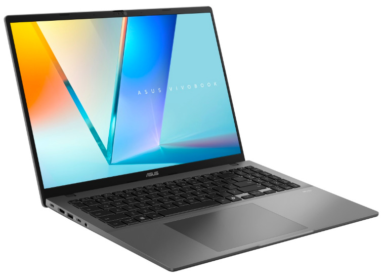 Notebook Asus Vivobook S16 sivý ASUS Vivobook S16 z ľavého uhla s 16″ displejom, klávesnicou a touchpadom