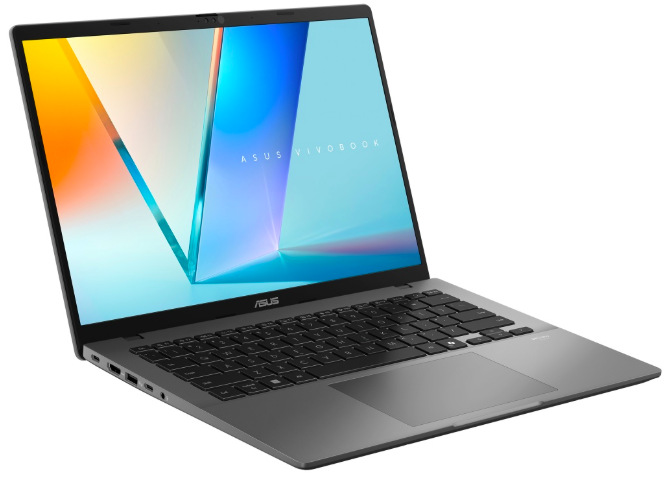 Sivý ASUS Vivobook S14 z ľavého uhla s klávesnicou a bočnými konektormi