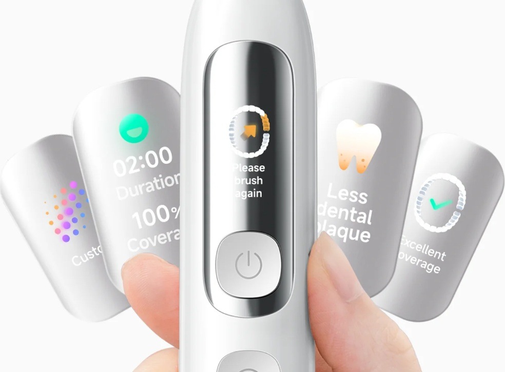 Zubná kefka Xiaomi Mijia MES613 Smart Servo-oscillation Pro EU Blue modrý Detail displeja elektrickej zubnej kefky s ukážkami informácií o dĺžke čistenia, pokrytí zubov, množstve plaku a upozornením na opakované čistenie