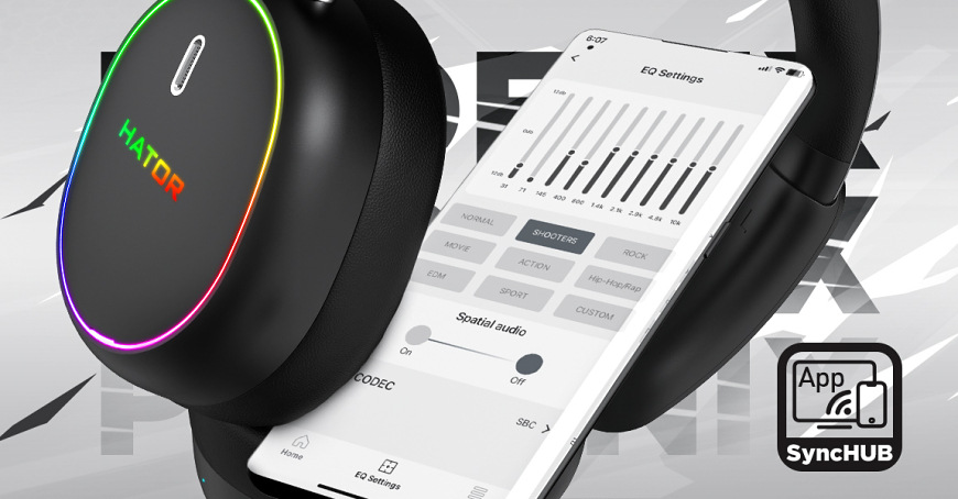 Headset HATOR Phoenix 2 čierny Headset HATOR Phoenix 2 Wireless s RGB podsvietením vedľa telefónu s aplikáciou HATOR SyncHUB