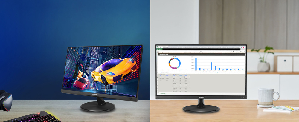 Herný monitor Asus VP227HF čierny Priestor s dvoma umiestnenými monitormi demonštruje dva spôsoby použitia: vľavo je živá herná scéna s autami na tmavšom stole a vpravo finančný prehľad s grafmi na svetlom minimalistickom stole.