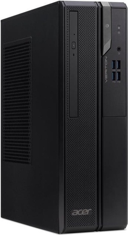 Stolný počítač Acer Veriton X2722G čierny Na obrázku je stolný počítač Acer Veriton X2722G i3-14100 v čiernom prevedení z predného šikmého pohľadu. Skriňa má kompaktný hranatý tvar, perforovaný čelný panel na prúdenie vzduchu a veľkú vetraciu mriežku na ľavom boku. V prednej časti je zvislá optická mechanika a logo Acer. Na pravom ovládacom paneli sa nachádza tlačidlo napájania, 3,5 mm audio konektor a štyri porty USB-A, z ktorých dva sú modro označené. Zvislý nápis Veriton dopĺňa striedmy kancelársky design počítača.