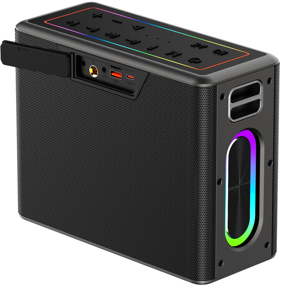 Prenosný reproduktor AKAI ABTSW-120 čierny Bočný pohľad na konektory AUX, USB a Type-C karaoke reproduktora Akai.