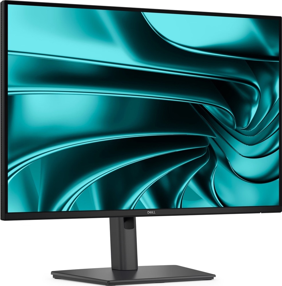 Čierny monitor Dell Pro P2426E z predného šikmého pohľadu, s tenkými rámčekmi, stredovým stojanom a plochou obdĺžnikovou základňou.