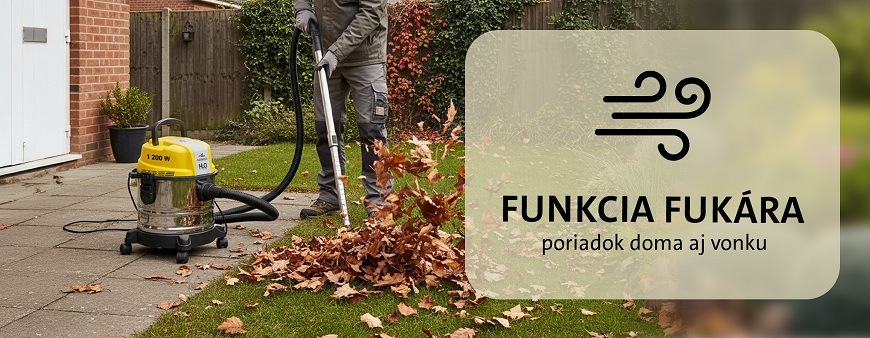 Viacúčelový vysávač ETA Fachmann 4211 90000 čierny/žltý Funkcia fukára vysávača ETA Fachmann. Muž používa vysávač na odfúkanie hromady opadaného lístia z trávnika na zámkovú dlažbu pred domom