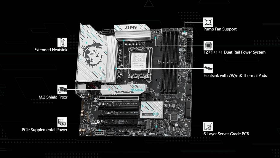 Základná doska MSI B860M GAMING PLUS WIFI Počítačová základná doska s označenými funkciami: rozšírený chladič, podpora ventilátora čerpadla a EZ M.2 Shield Frozr.
