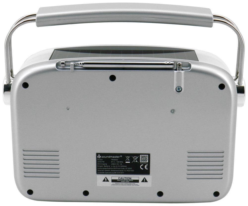 Zadná strana rádia Soundmaster TR480SI so štítkom technických parametrov a zloženou anténou.