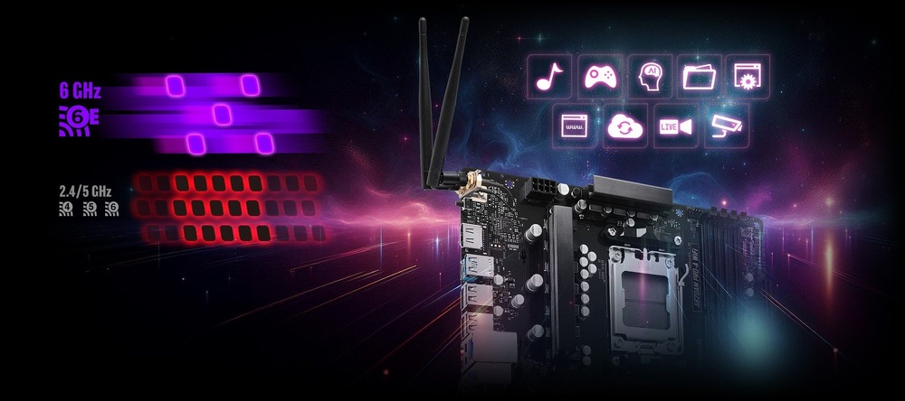 Základná doska ASRock A620AM PRO-A WIFI čierna Futuristická základná doska počítača so žiariacimi ikonami pre hudbu, hry a médiá. Antény pripomínajúce bezdrôtové pripojenie na pozadí kozmického pozadia.