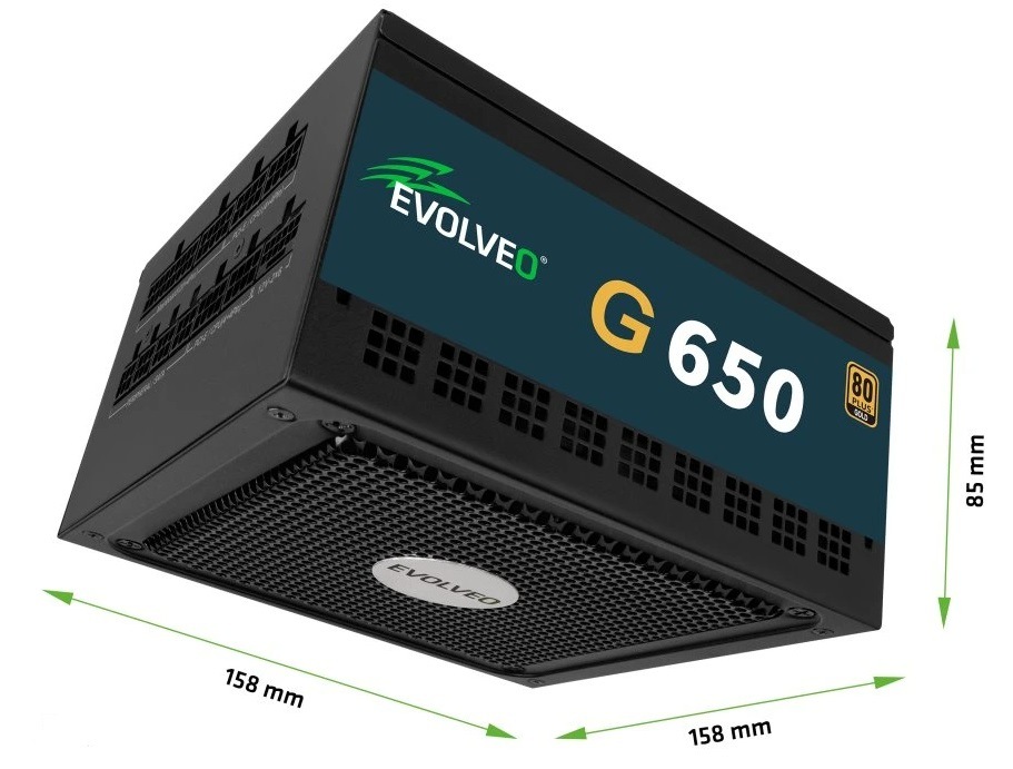 Zdroj Evolveo G750 Black 750W 80+ Gold, ATX 3.1 čierny Zdroj Evolveo G650 650W 80+ Gold, ATX 3.1 s rozmermi 158 × 158 mm