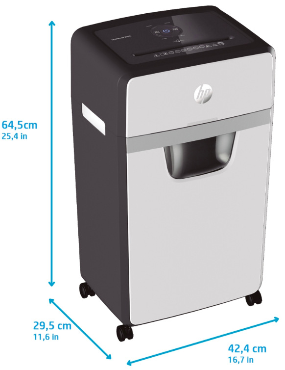 Rozmery skartovača HP OneShred 24CC 64,5 × 42,4 × 29,5 cm s kolieskami na presun v kancelárii