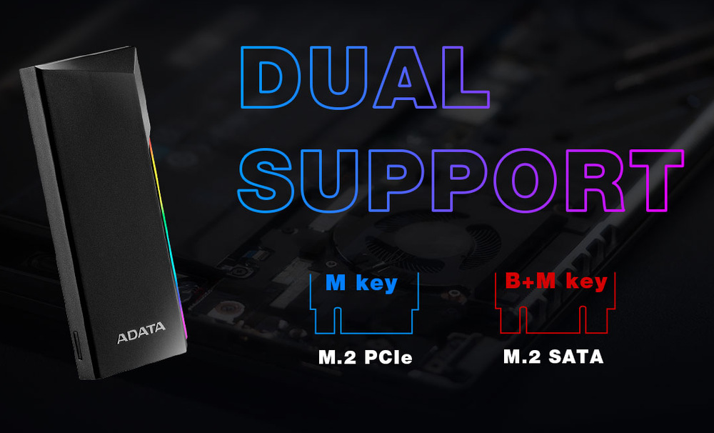 Externý rámček ADATA EC700G M.2, USB-C 3.2 Gen 2, RGB je kompatibilný s rôznymi SSD