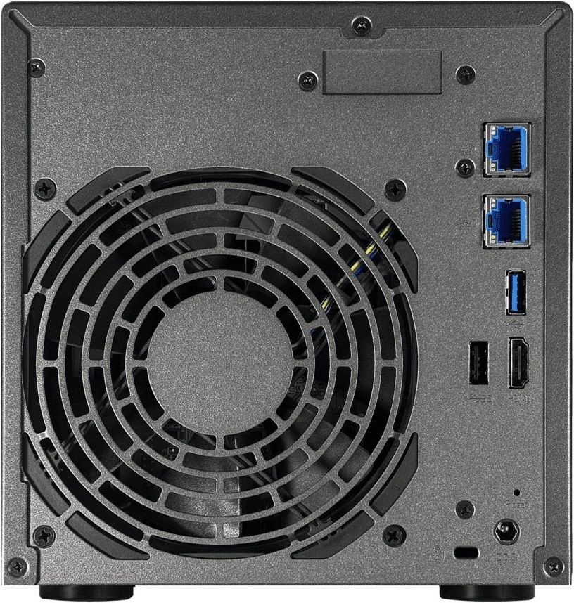 Sieťové úložisko Asustor Lockerstor 4 Gen2+ AS6704T v2 čierne Zadná strana čierneho NAS Asustor Lockerstor. Vľavo dominuje veľký kruhový ventilátor, vpravo sú dva modré LAN porty, USB porty, HDMI, servisný otvor a napájací konektor.