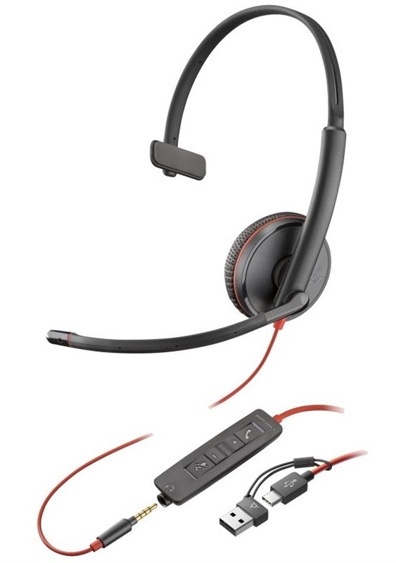 Headset HP Poly Blackwire 3215, 3,5 mm jack + USB-C/A adaptér, mono čierny
