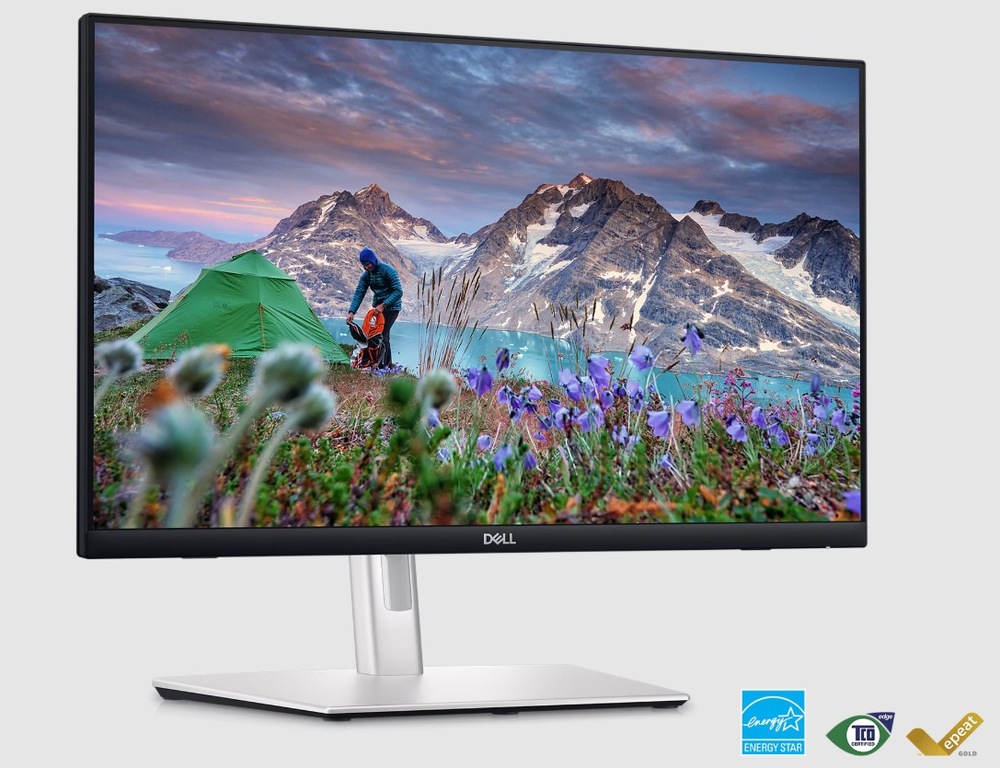 Monitor Dell P2424HT čierny/strieborný Zapnutý monitor Dell P2424HT 24" na ktorom je muž stanujúci v horách
