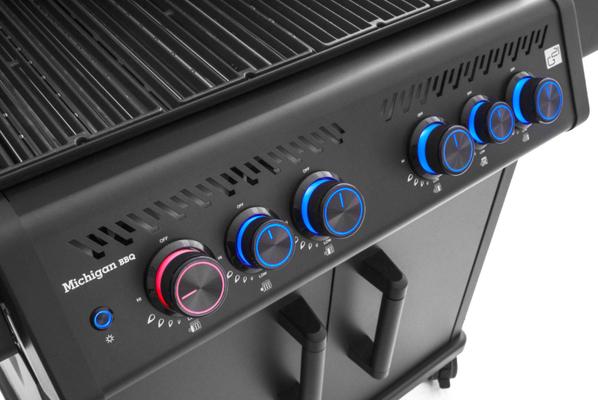 Gril záhradný plynový G21 GAH-BBQ4MGN Michigan BBQ Premium Line Ovládací panel grilu G21 Michigan BBQ Premium Line s modro podsvietenými gombíkmi