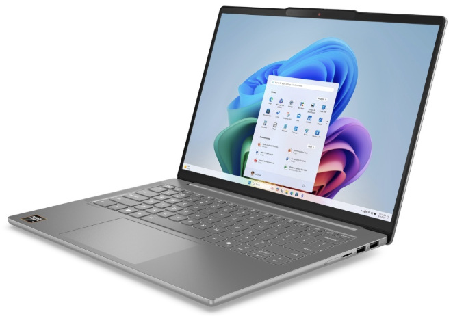 Notebook Lenovo IdeaPad Slim 5 14AKP10 sivý Lenovo IdeaPad Slim 5 14AKP10 z pravého uhla s otvorenou ponukou Windows 11″ width=