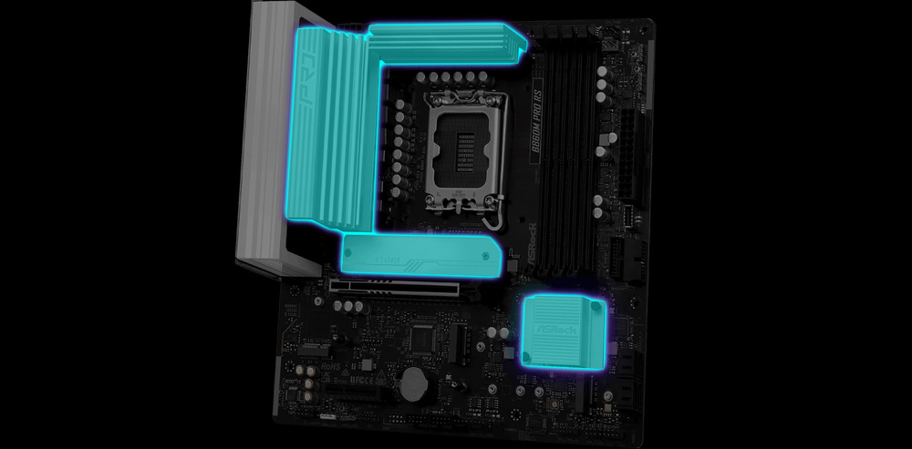 Základná doska ASRock B860M Pro RS Chladeniu M.2 slotov bráni prehrievaniu SSD disku a celej zostavy