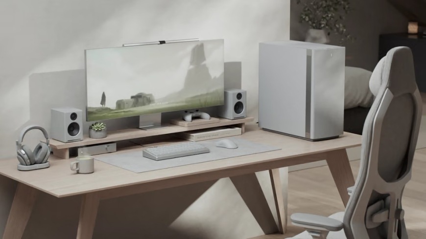 Case FRACTAL DESIGN Define One Light Solid biela Počítačová skriňa FRACTAL DESIGN Define One Light Solid ako súčasť svetlého pracovného a herného stola