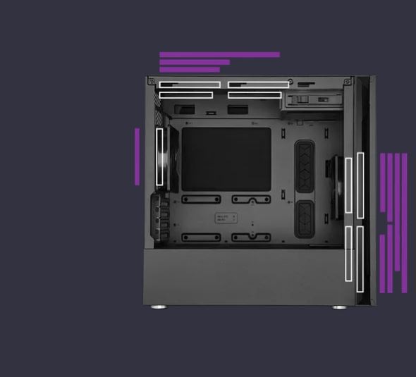 Case Cooler Master Silencio S400 Steel čierna Otvorená čierna skriňa počítača na tmavo fialovom pozadí, zvýraznená bielymi a fialovými čiarami.