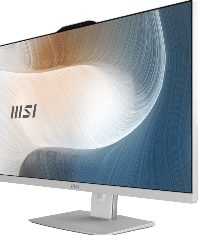 PC all in-one MSI Modern AM272P 1M-1402EU biely Počítač All In One MSI Modern AM272P 1M-1402EU z pravého predného uhla s 27" displejom