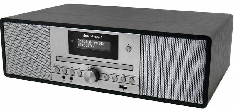 rádioprijímač Soundmaster DAB980SW v čiernom prevedení, predný pohľad s LCD displejom, CD mechanikou, ovládacími tlačidlami a stereo reproduktormi