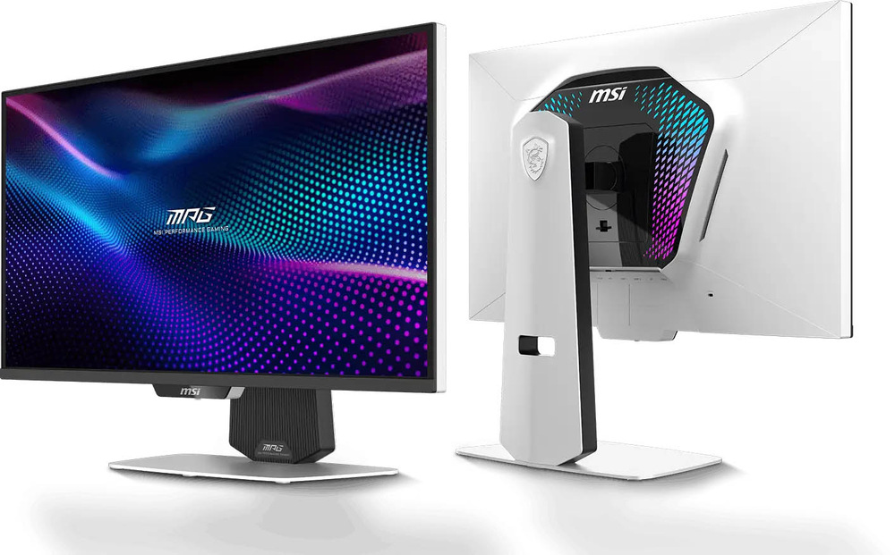 Herný monitor MSI MPG 274URDFW E16M čierny Predný a zadný pohľad na herný monitor MSI. Obrazovka zobrazuje žiarivo fialové a modré vlny, zatiaľ čo zadná strana sa vyznačuje elegantným bielym designom a farebnými LED svetlami.