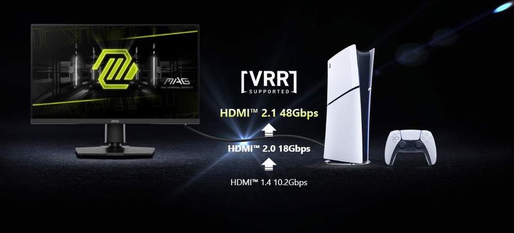 Herný monitor je pripojený k hernej konzole s ovládačom vedľa nej. Text „VRR Supported“ značí kompatibilitu na herných zariadeniach.