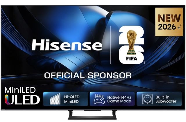 Hisense 85U7SE v pohľade spredu. Na obrazovke sú modré obrazce a text.
