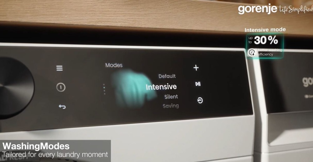 Práčka Gorenje G600 WG614A4P1 FastWashPro biela tri režimy prania na práčke gorenje FastWashPro. Na čiernom ovládacom paneli je nastavené intenzívny režim.