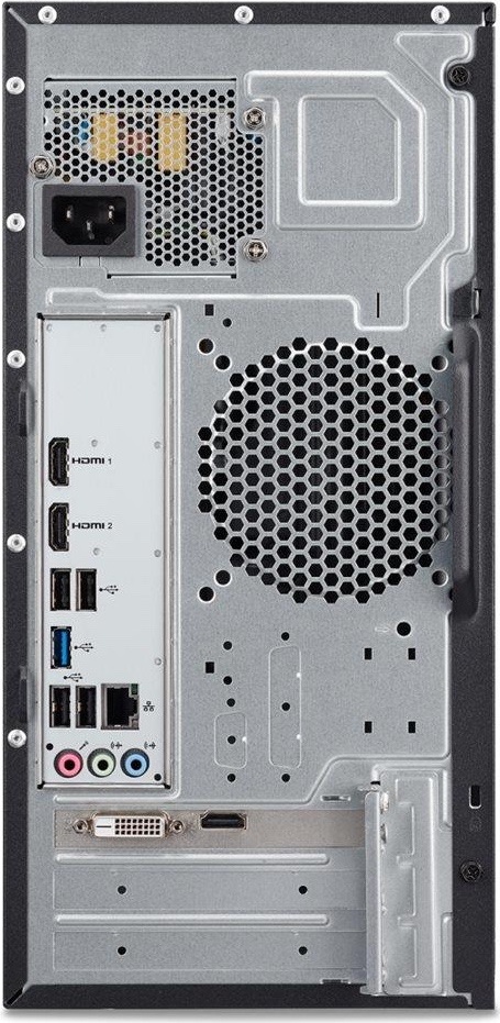 Stolný počítač Acer Aspire TC-1860 čierny Na obrázku je zadná strana stolného počítača Acer Aspire TC-1860. V hornej časti je napájací zdroj so sieťovým konektorom a perforovanou mriežkou. Uprostred sa nachádza veľký vetrací otvor na odvod tepla zo skrine. Zadná konektorová výbava zahŕňa dva porty HDMI, päť portov USB-A, z ktorých jeden je modro označený, sieťový konektor LAN a tri farebne rozlíšené 3,5 mm audio konektory. V spodnej časti je samostatná grafická karta s výstupmi DVI a HDMI. Vidieť sú aj záslepky ďalších rozširujúcich pozícií.