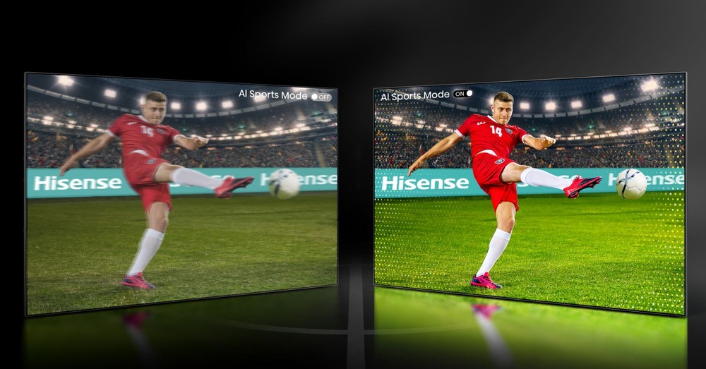 Dve obrazovky televízie hisense vedľa seba, na oboch je futbalista. Sú vidieť rozdiely pri aktivovanom športovom režime a bez neho