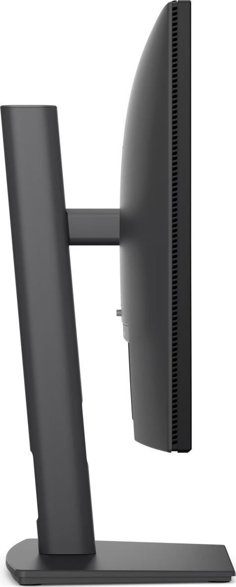 Bočný pohľad na čierny monitor Dell Pro P2426H s tenkým panelom, zadnou ventilačnou mriežkou, výškovo nastaviteľným stojanom a plochou obdĺžnikovou základňou.