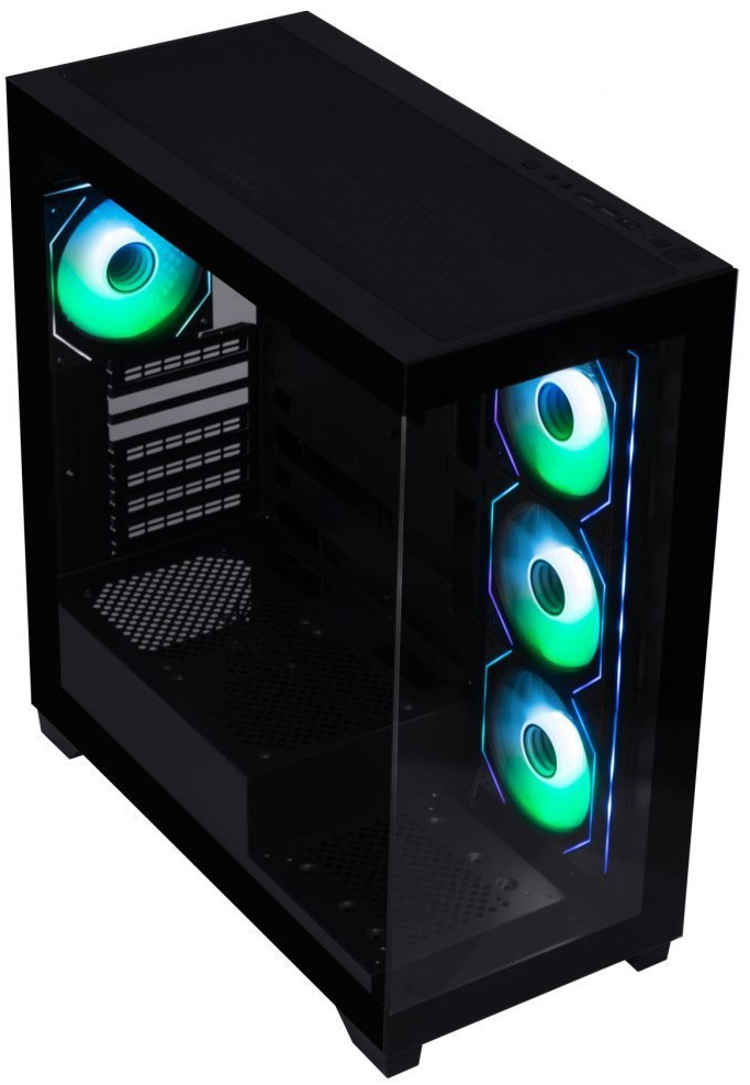 Case BitFenix CETO čierna Na fotke je čierna PC skriňa BitFenix CETO/CETO Cube z pohľadu cez ľavý predný bok. Skriňa má „panoramatické“ presklenie – priehľadné čelo a ľavá bočnica z tvrdeného skla, takže je vidieť dovnútra. ARGB ventilátory svietia na pravom boku (vnútorné bočné pozície) a jeden je vidieť aj vzadu, takže podsvietenie vytvára výrazný svetelný efekt aj pri pohľade z rohu skrine.