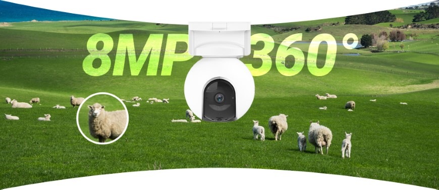 IP kamera EZVIZ PTZ EB8 4K 4G kit biela Lúka s ovcami a kamera EZVIZ PTZ EB8 4K 4G s vysokým rozlíšením