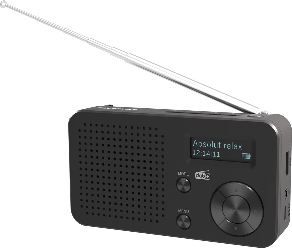 Rádio Telestar STOP 100 s plne vytiahnutou teleskopickou anténou a OLED displejom zobrazujúcim stanicu.