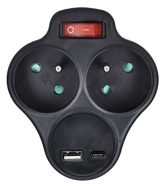 Rozbočka Solight 2× 10 A, USB A+C, rýchlonabíjačka 20W PD, čierna farba