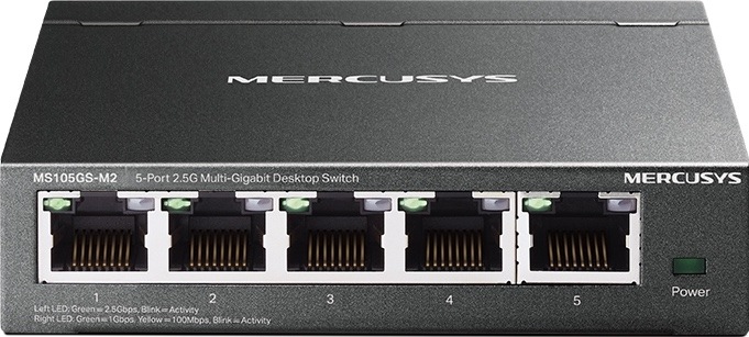 Switch Mercusys MS105GS-M2 (MS105GS-M2) čierny Čelný pohľad na čierny switch Mercusys s piatimi očíslovanými portami RJ45, stavovými kontrolkami a indikátorom napájania.