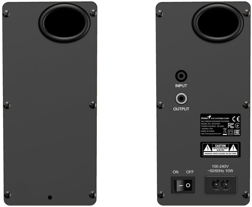 Reproduktory Genius SP-HF400 Dark wood hnedé Detail zadného panela reproduktora Genius SP-HF400 s vypínačom a napájaním 100–240 V