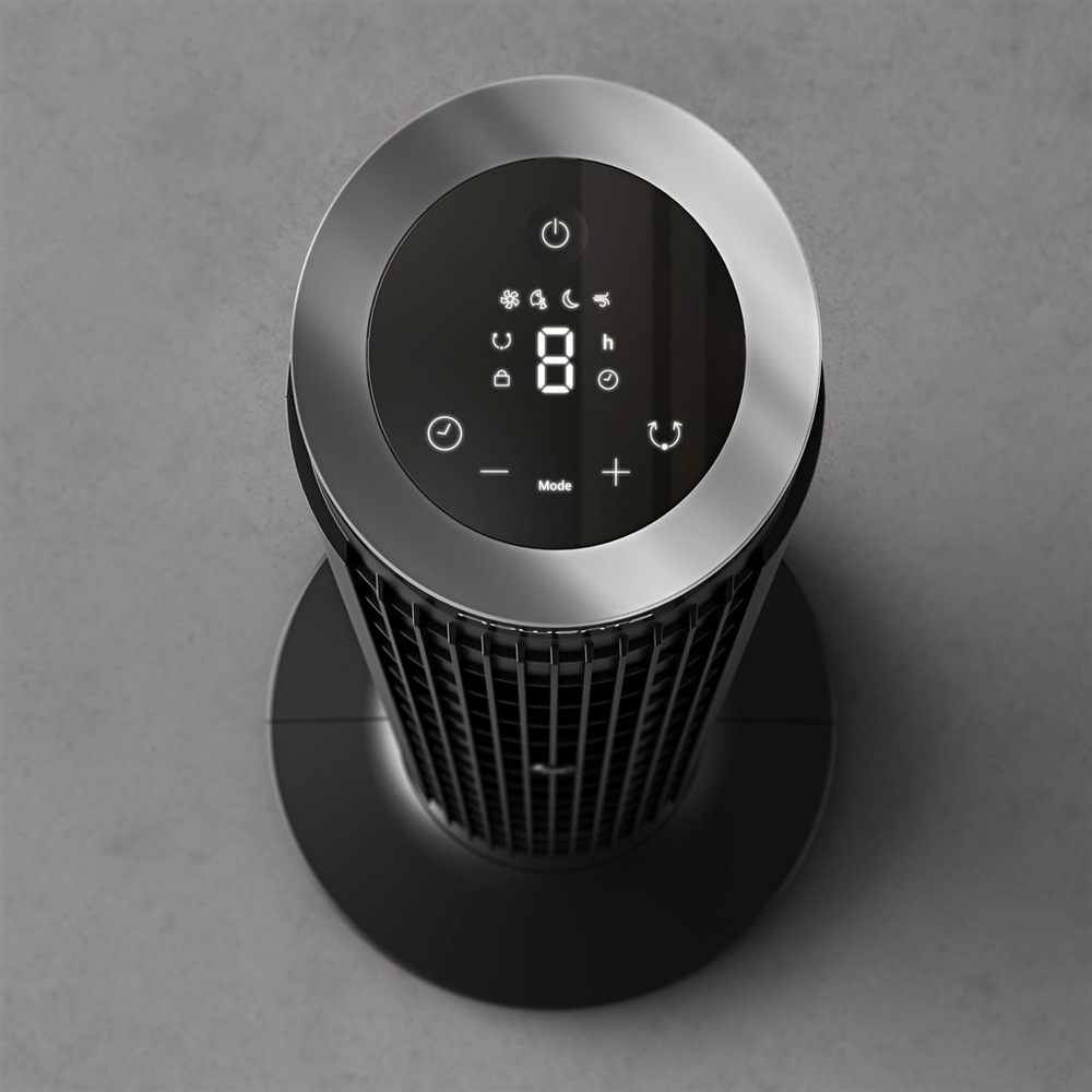 Ventilátor stĺpový Rowenta VU7020F0 Eole Silence Force čierny Pohľad zhora na dotykový ovládací panel ventilátora Rowenta s LED displejom