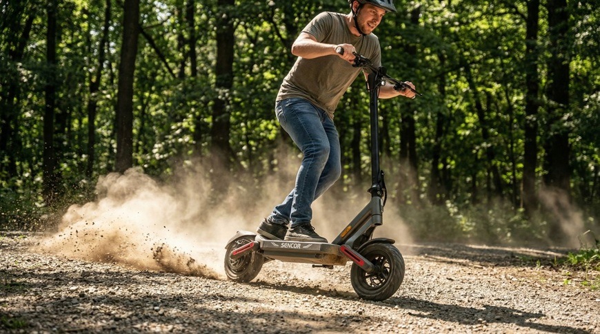 Elektrická kolobežka Sencor SCOOTER S71 LIGHT biela lektrická kolobežka Sencor SCOOTER S71 LIGHT pri dynamickej jazde po lesnej štrkovej ceste.
