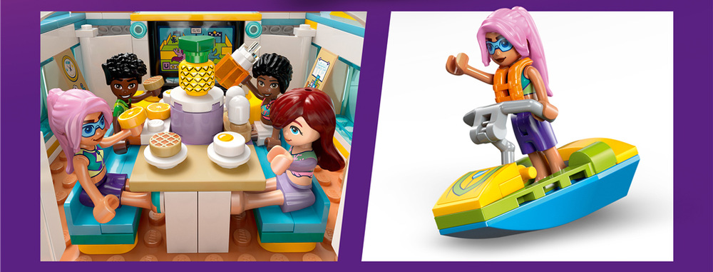 Stavebnica LEGO® Friends 42664 Dobrodružstvo na jachte Vodné skútre, surfovacia doska a ďalšia výbava umožní deťom vymýšľať najrôznejšie aktivity priamo na mori.