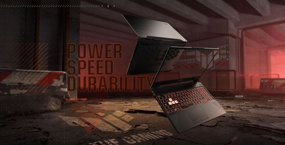 Notebook Asus TUF Gaming A15 čierny Temný obrázok v industriálnom štýle zobrazujúci robustný notebook s červeno podsvietenou klávesnicou, vznášajúci sa nad textúrovanou podlahou. V scéne vidíme slová „Výkon, rýchlosť, odolnosť“.