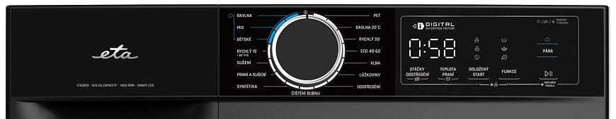 Ovládací panel čiernej práčky so sušičkou ETA 387390020AD s invertorovým motorom Ovládací panel čiernej práčky so sušičkou ETA 387390020AD s invertorovým motorom