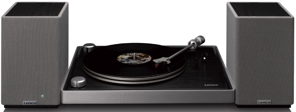 Reproduktory Lenco SPB-240BKGY čierne/sivé Reproduktory Lenco SPB-240BKGY pripojené ku gramofónu pri prehrávaní vinylovej dosky